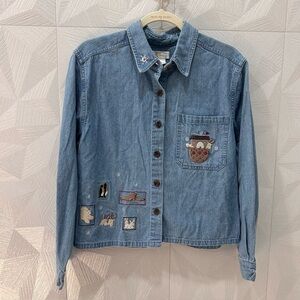Christopher & Banks Embroidered Noah’s Ark Denim Button Up Long Sleeve Shirt med